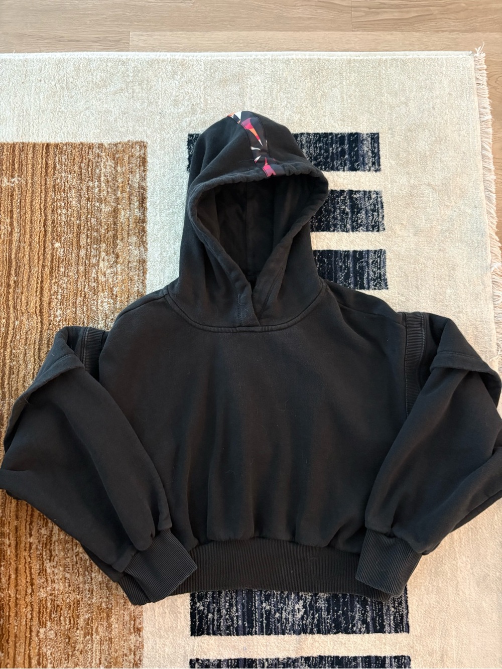 Free People Black Cropped Hoodie with Pink Hood Accent
